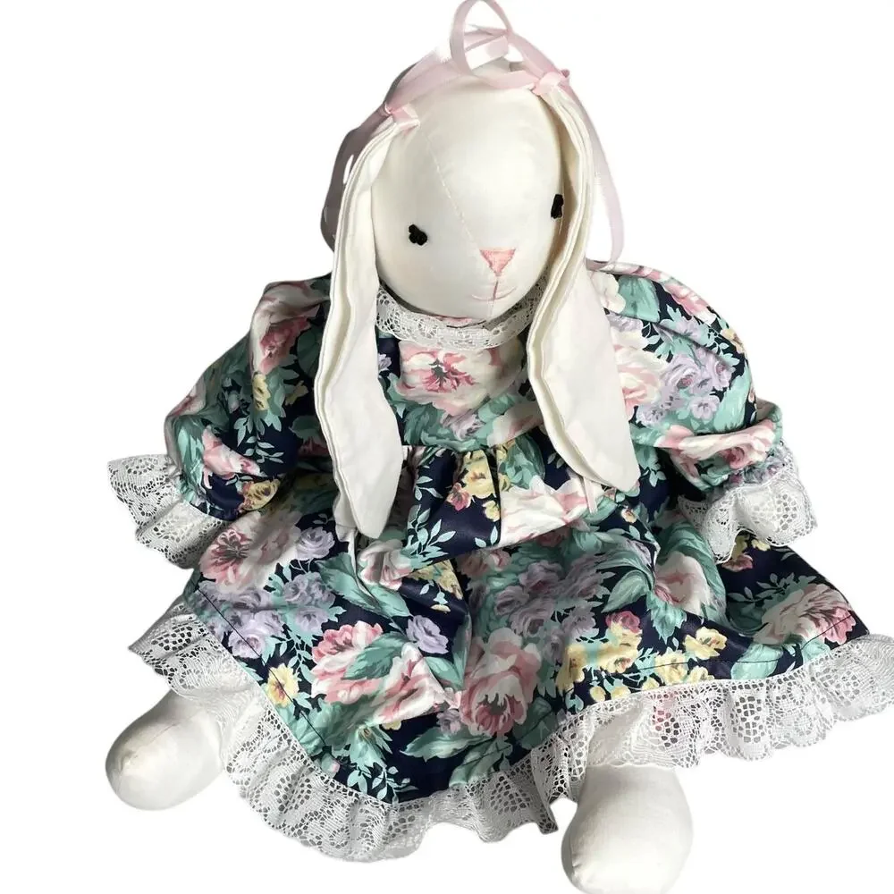 Vintage Cloth Bunny Rabbit Doll Primitive Country Calico Floral Dress 80's 90's